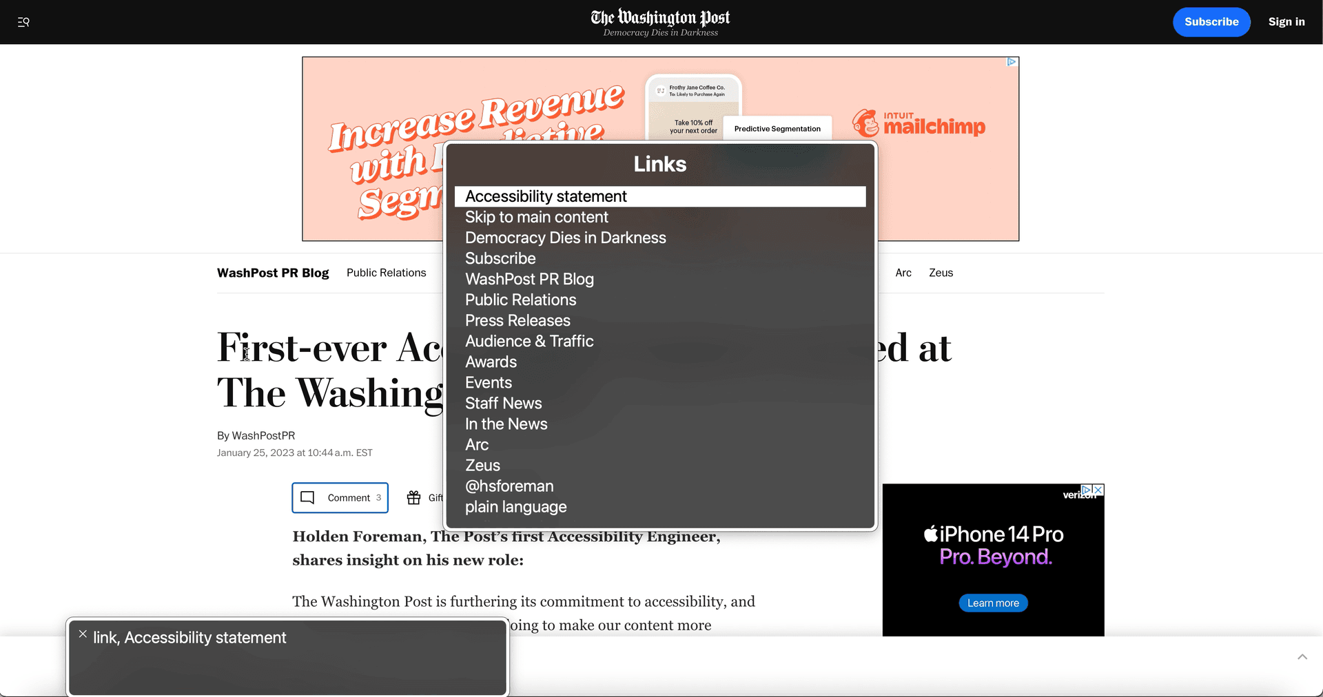 Screenshot shows the VoiceOver rotor in use on a Washington Post article. The VoiceOver box in the center of the screen shows a list of links on the page.